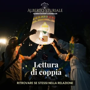 Due persone accendono una lanterna sovrapposta a un Disegno Composito Human Design, immagine della Lettura di Coppia