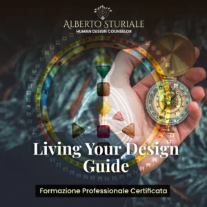 Bussola nella mano con grafica Human Design: formazione Living Your Design Guide