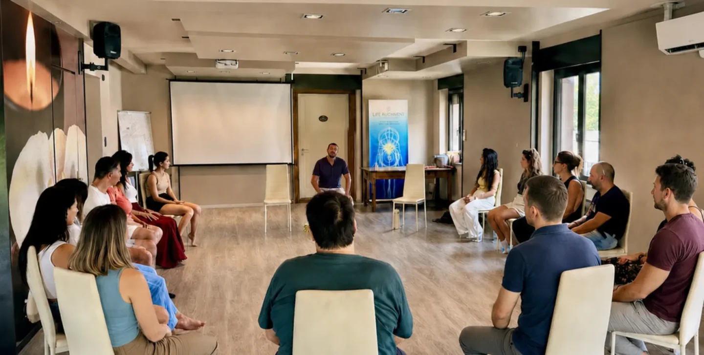 Alberto Sturiale conduce una Costellazione Familiare e Spirituale con un gruppo disposto in cerchio
