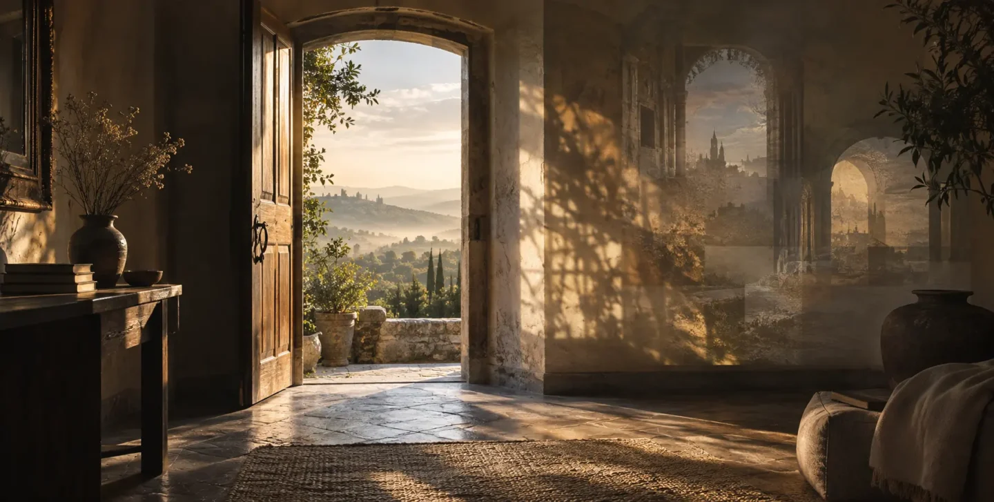 Porta aperta con riflessi del passato, simbolo delle Regressioni Evocative
